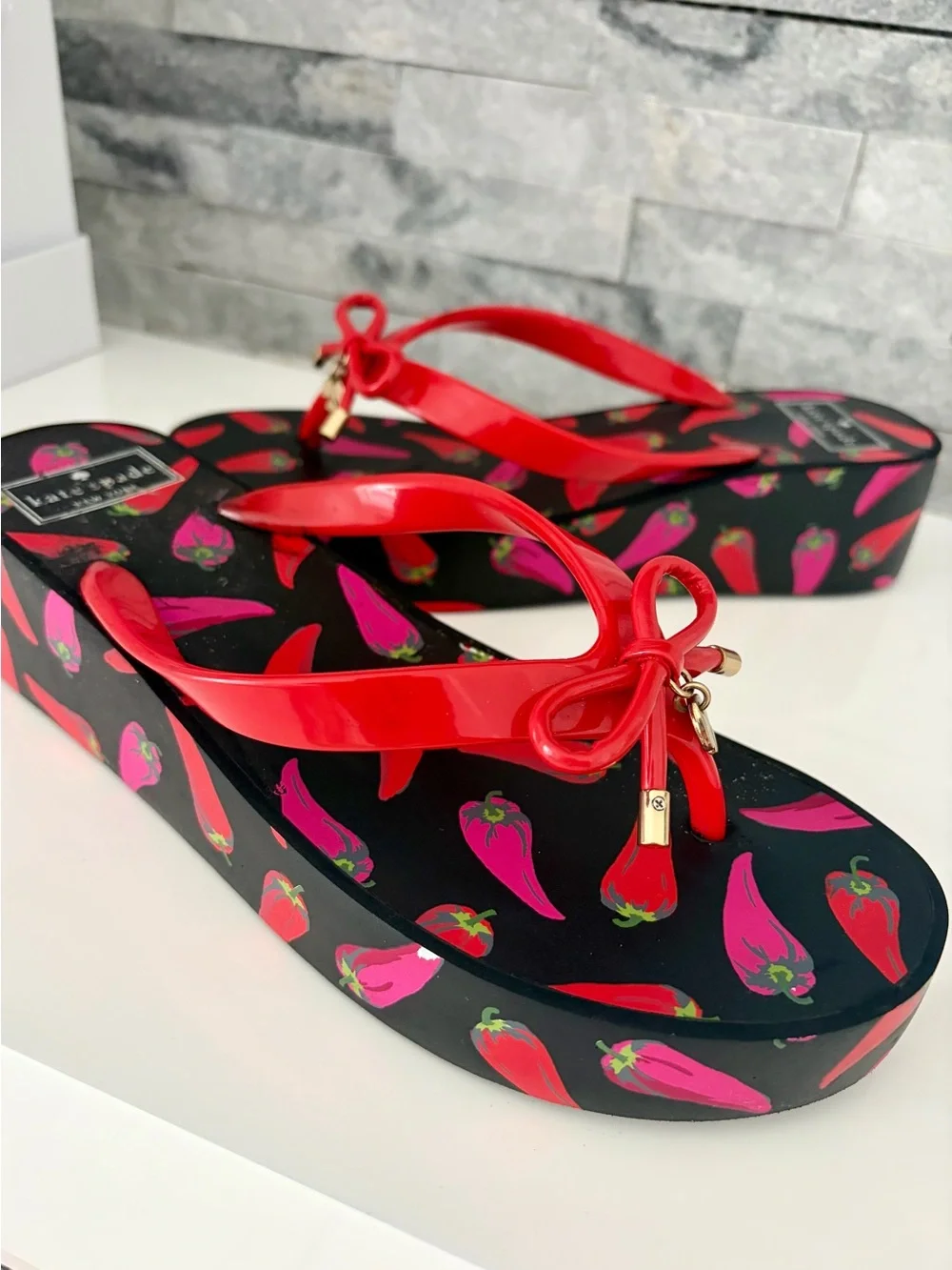 kate spade Black Platform Flip Flop Sandals with Red and Pink Pepper Print - Picture 2 of 10